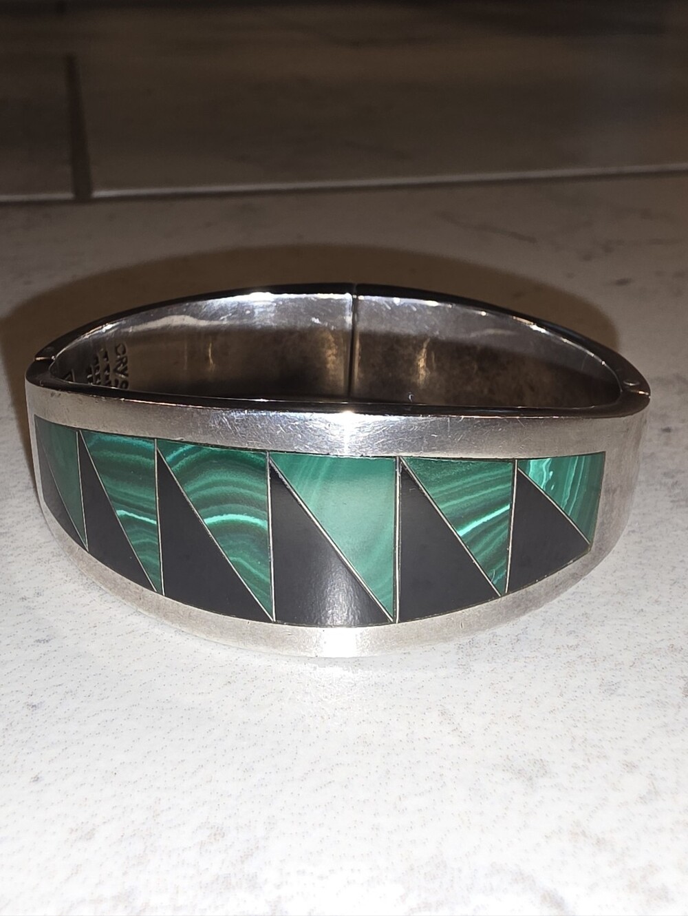 Vintage Taxco Mexico Sterling Silver Malachite & Onyx Inlay Cuff Bracelet